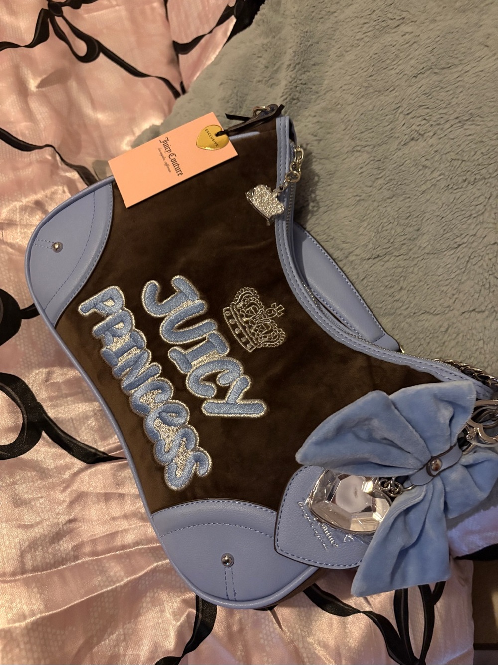 Juicy Couture Brown Suede Shoulder Bag with Light Blue Trim & Bow Charm